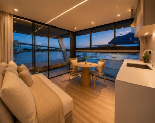 Sala e cozinha integradas da Float Yachts F10